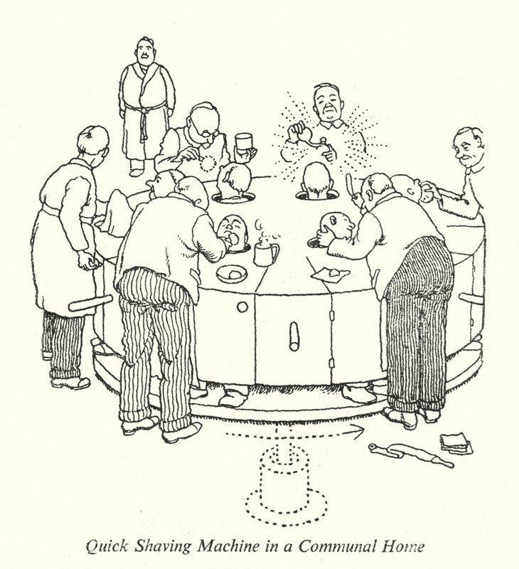 Rask barbermaskin i et felles hjem (litho) av William Heath Robinson