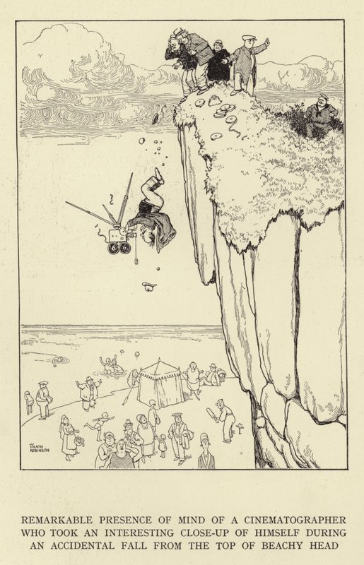 Bemerkelsesverdig tilstedeværelse av sinnet til en kinematograf som tok et interessant nærbilde av seg selv under et utilsiktet fall fra toppen av Beachy Head av William Heath Robinson