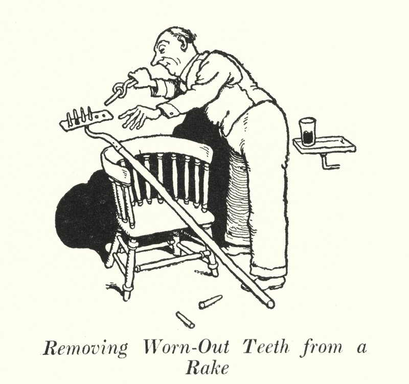 Fjerning av utslitte tenner fra en rive (litho) av William Heath Robinson