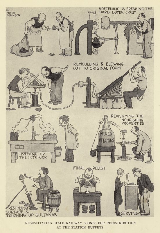 Gjenoppliving av bedervede jernbanescones for omfordeling ved stasjonsbuffetene av William Heath Robinson