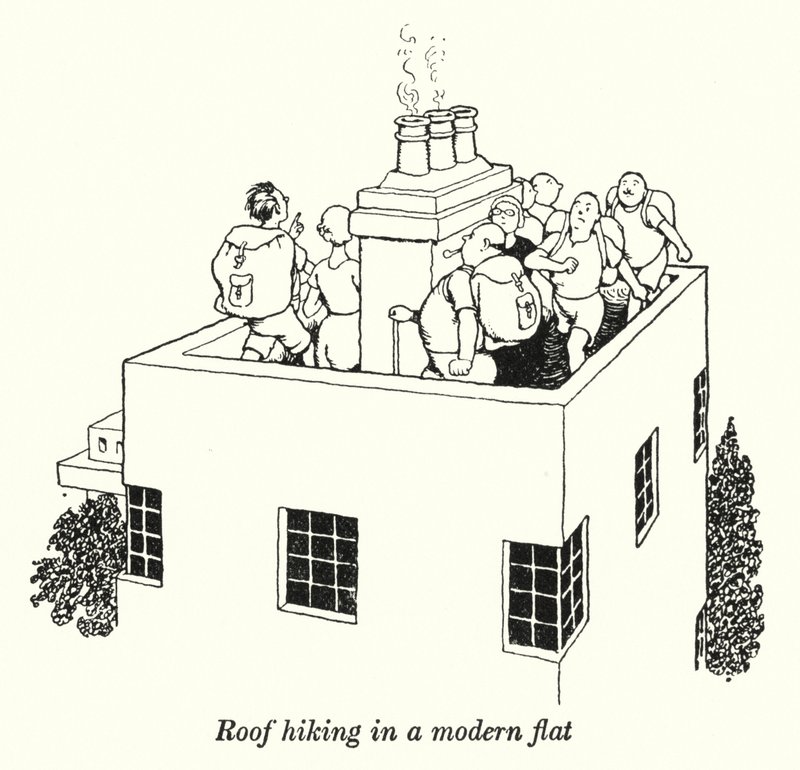 Takvandring i en moderne leilighet (litho) av William Heath Robinson
