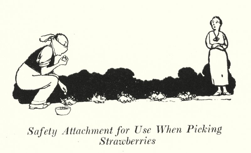 Sikkerhetstilbehør for bruk ved plukking av jordbær (litho) av William Heath Robinson