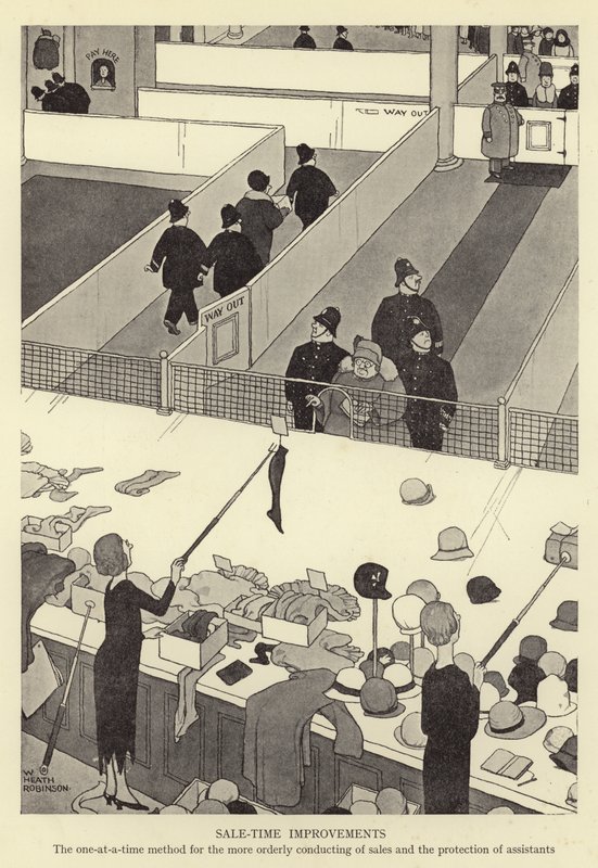 Salgstidsforbedringer, en-om-gangen-metoden for mer ryddig gjennomføring av salg og beskyttelse av assistenter av William Heath Robinson
