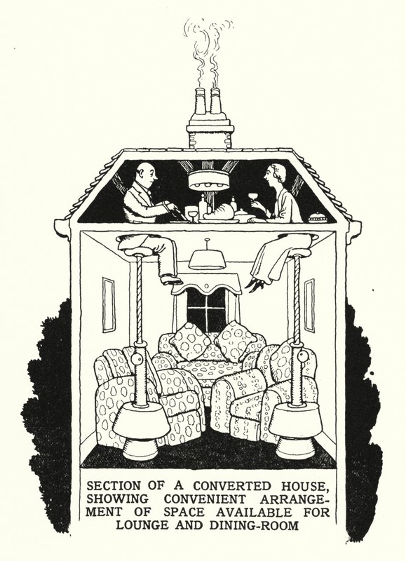 Del av et ombygd hus, som viser praktisk plass til salong og spisestue (litho) av William Heath Robinson