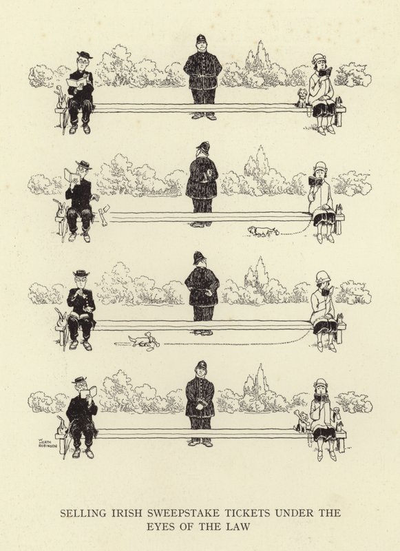 Selger irske konkurransebilletter under lovens øyne av William Heath Robinson