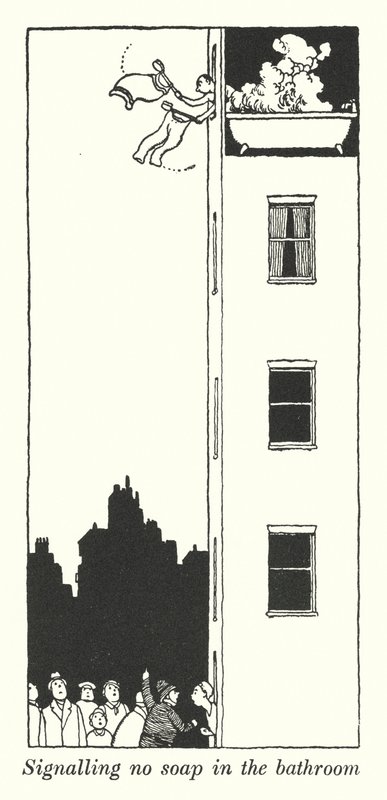 Signaliserer ingen såpe på badet (litho) av William Heath Robinson