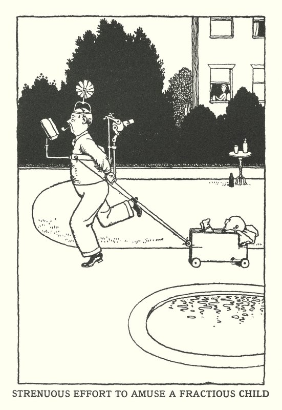Anstrengende innsats for å underholde et skjørt barn (litho) av William Heath Robinson