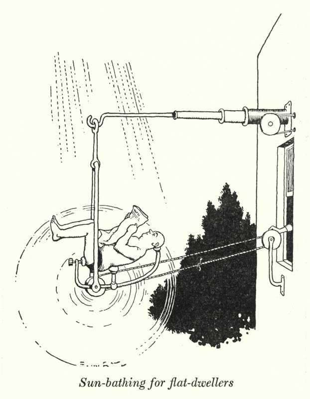 Solbading for leilighetsbeboere (litho) av William Heath Robinson