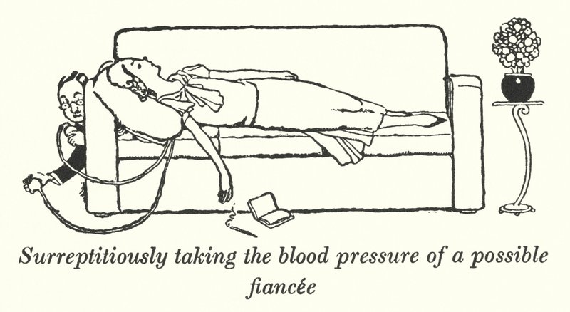 Tar i det skjulte blodtrykket til en mulig forlovede (litho) av William Heath Robinson