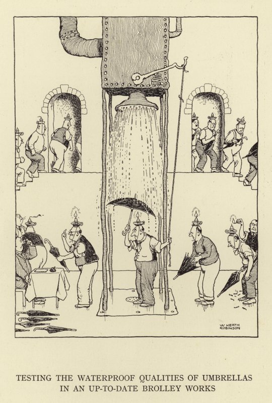Tester de vanntette egenskapene til paraplyer i et oppdatert Brolley Works av William Heath Robinson