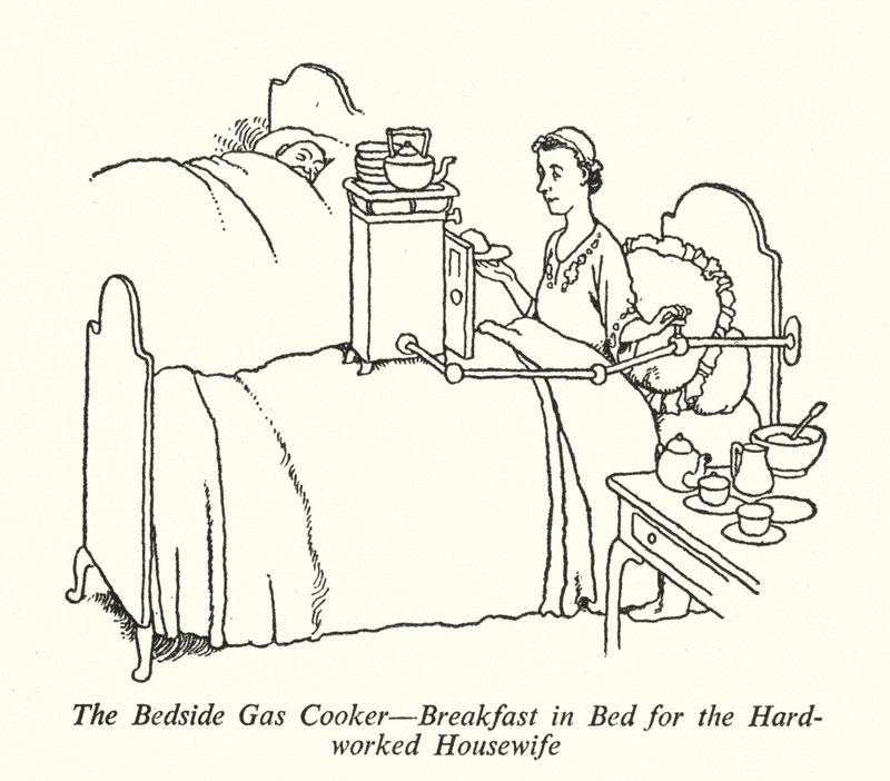 Gasskomfyren ved sengen, frokost på sengen for den hardtarbeidende husmoren (litho) av William Heath Robinson