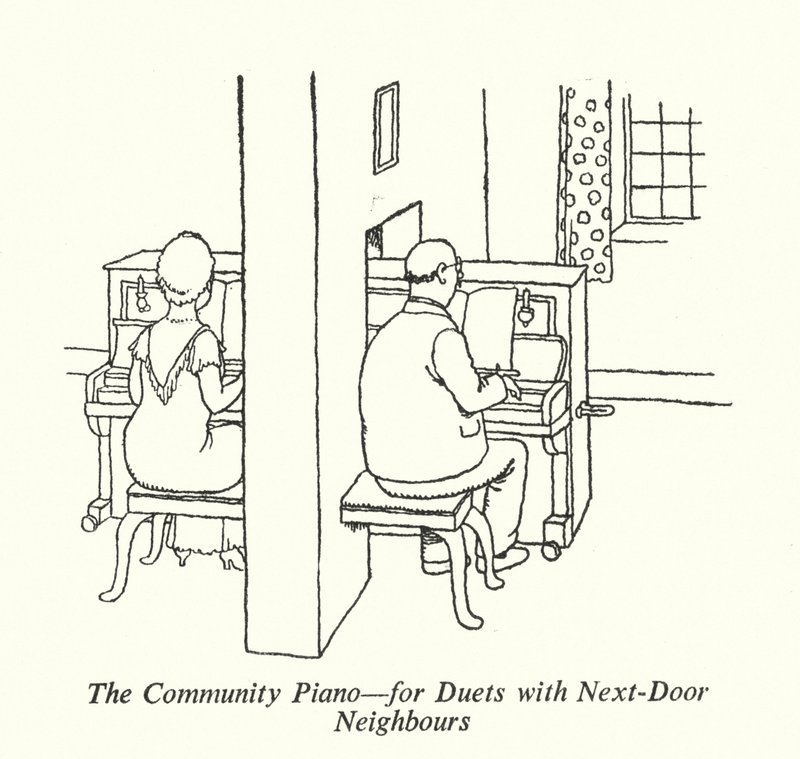 The Community Piano, for duetter med naboer (litho) av William Heath Robinson