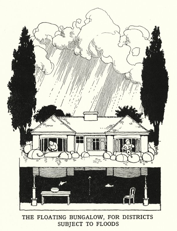 Den flytende bungalowen, for distrikter utsatt for flom (litho) av William Heath Robinson