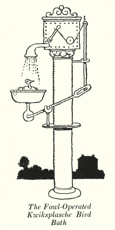 Fowl-Operated Kwiksplasche Bird Bath (litho) av William Heath Robinson