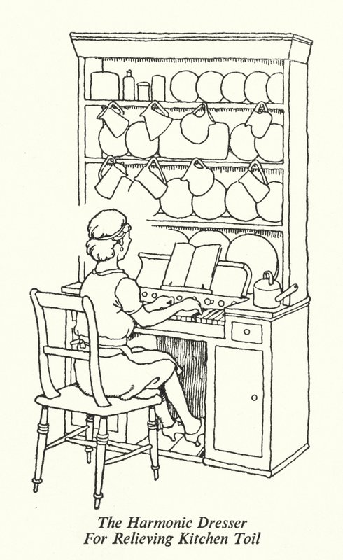 Den harmoniske kommoden for å lindre kjøkkenslit (litho) av William Heath Robinson