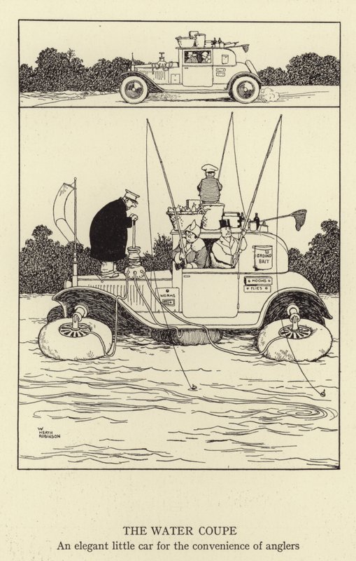Water Coupe, en elegant liten bil for sportsfiskere av William Heath Robinson