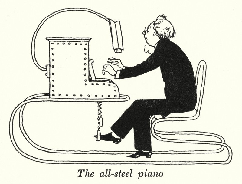 Pianoet i helt stål (litho) av William Heath Robinson