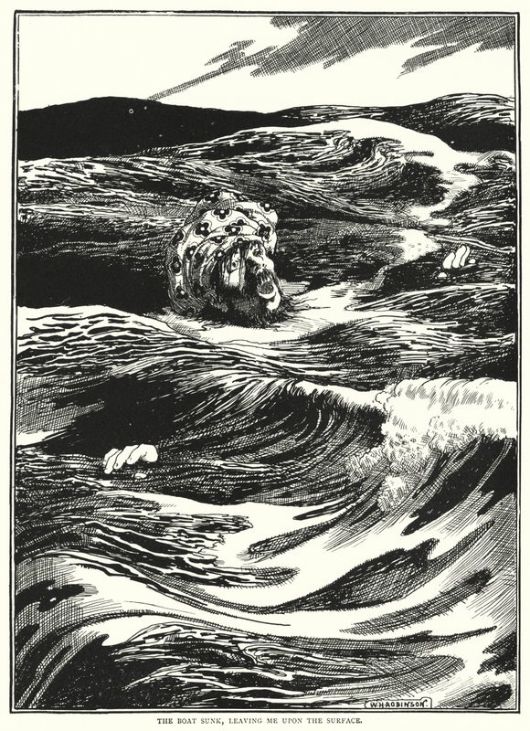 Båten sank og etterlot meg på overflaten (gravering) av William Heath Robinson