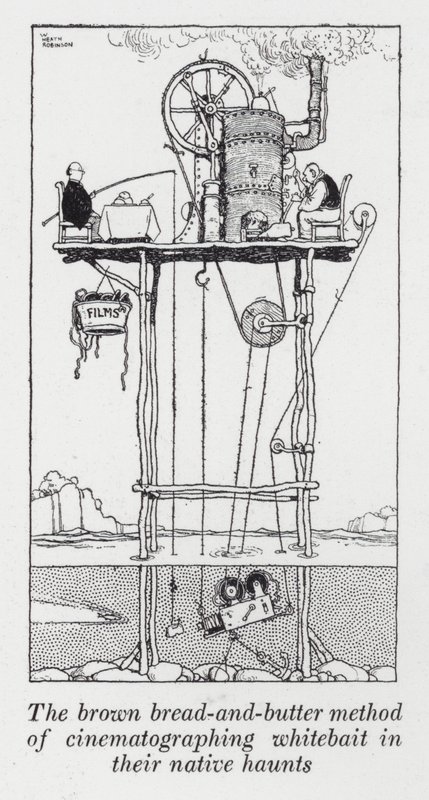 Den brune brød-og-smør-metoden for å kinematografere whitebait i deres hjemlige tilholdssteder (litho) av William Heath Robinson