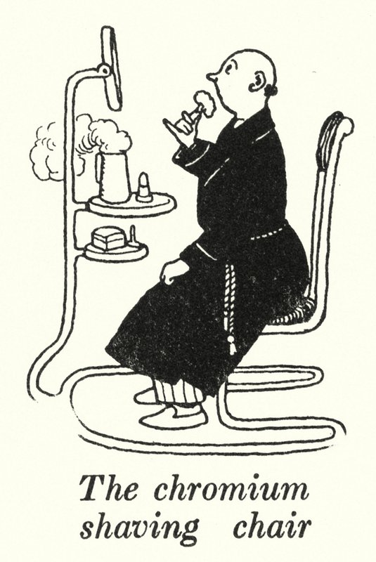 Barberstolen i krom (litho) av William Heath Robinson