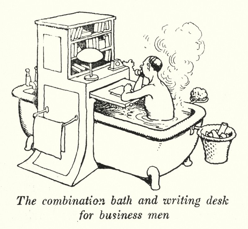 Kombinasjonen av badekar og skrivebord for forretningsmenn (litho) av William Heath Robinson