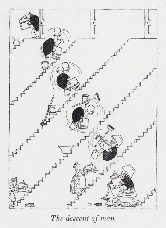 Menneskets nedstigning (litho) av William Heath Robinson