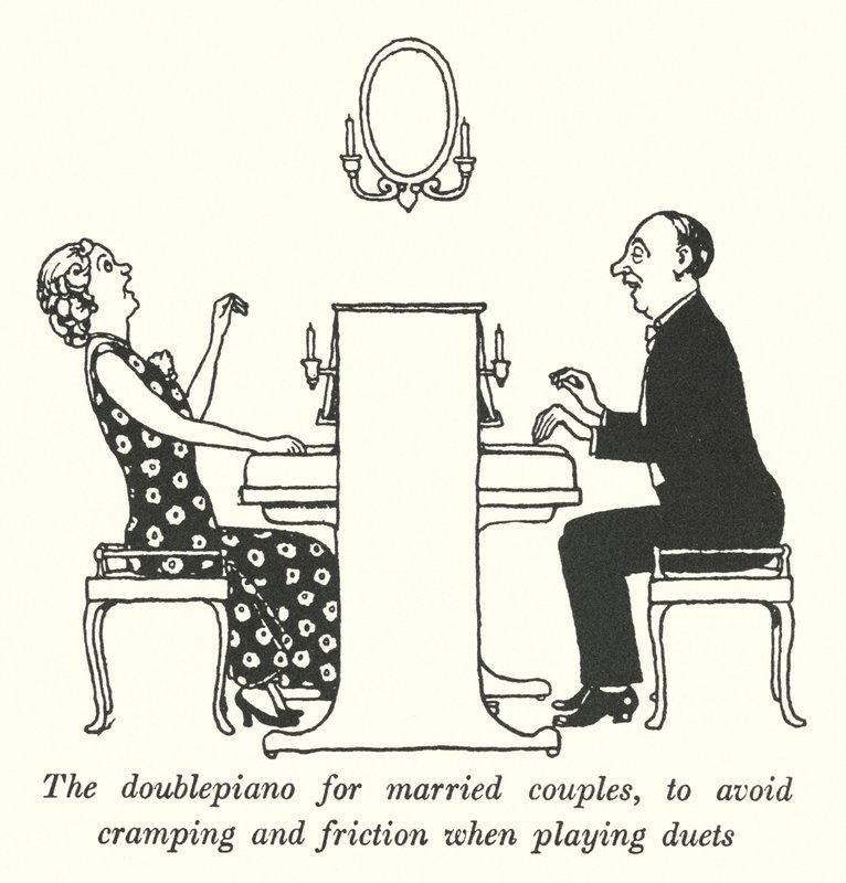 Dobbeltpianoet for ektepar, for å unngå kramper og friksjon når de spiller duetter (litho) av William Heath Robinson