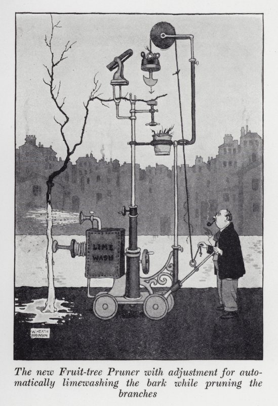 Den nye frukttrebeskjæreren med justering for automatisk kalkvasking av barken mens du beskjærer grenene (litho) av William Heath Robinson