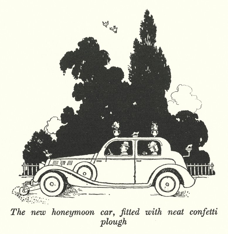 Den nye bryllupsreisebilen, utstyrt med pen konfettiplog (litho) av William Heath Robinson