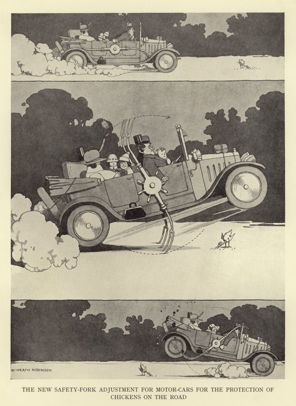 Den nye sikkerhetsgaffeljusteringen for biler for beskyttelse av kyllinger på veien av William Heath Robinson