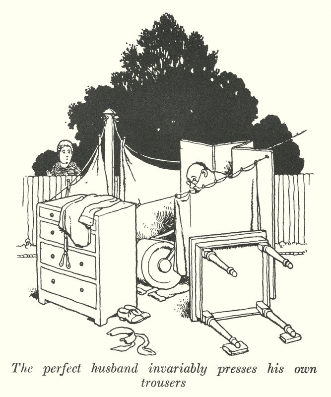 Den perfekte ektemannen presser alltid sine egne bukser (litho) av William Heath Robinson
