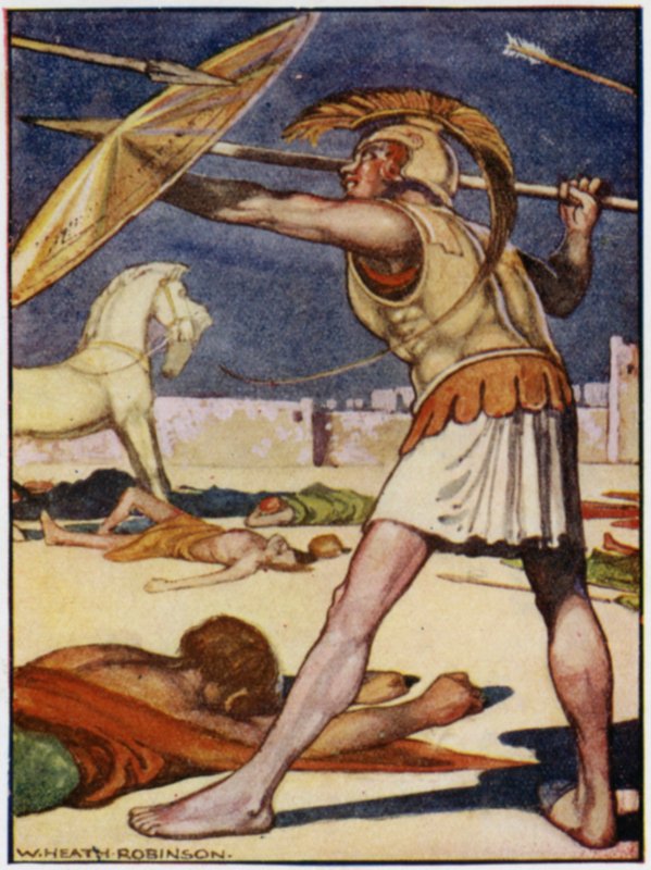 Spissen til spydet fløy over venstre skulder til Patroclus (farge litho) av William Heath Robinson