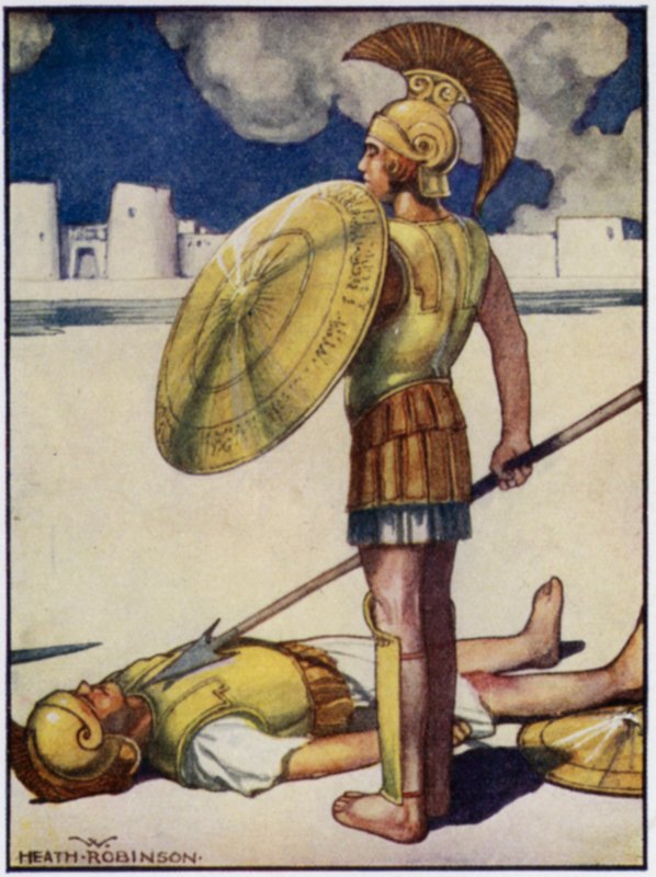 Dødens skygge kom ned over Hector (farge litho) av William Heath Robinson