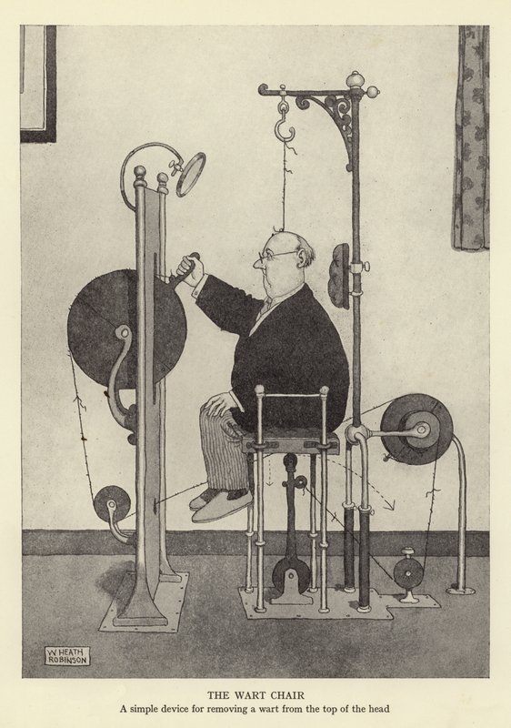 Vortestolen, en enkel enhet for å fjerne en vorte fra toppen av hodet av William Heath Robinson