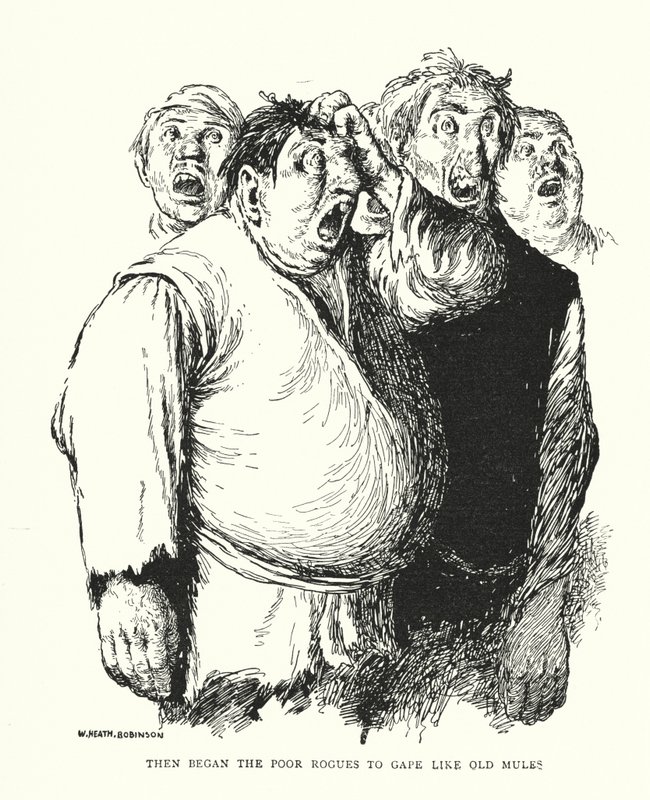 Så begynte de stakkars skurkene å gape som gamle muldyr (litho) av William Heath Robinson