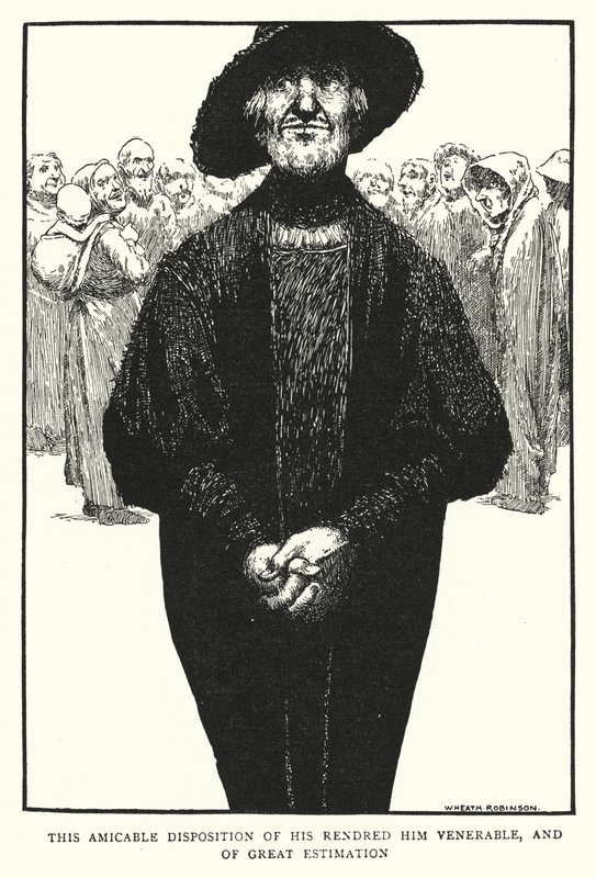 Denne vennskapelige holdningen hans gjorde ham ærverdig og av stor vurdering (litho) av William Heath Robinson