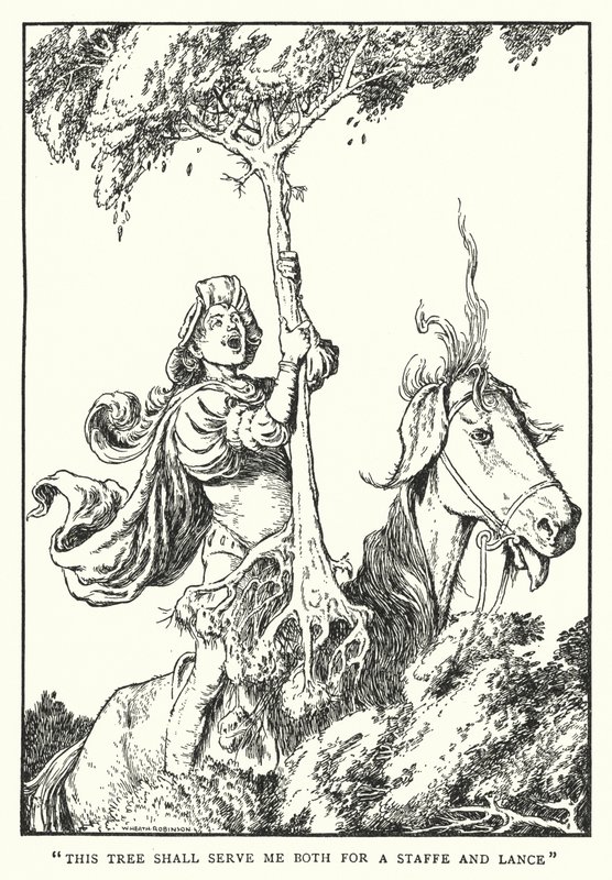 "Dette treet skal tjene meg både som stav og lanse" (litho) av William Heath Robinson