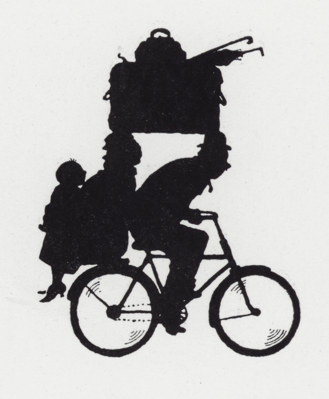 På tur med familien på sykkel (litho) av William Heath Robinson