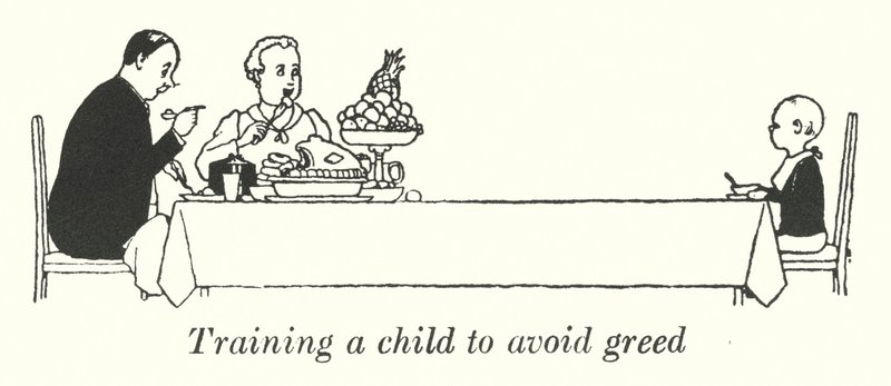 Trene et barn for å unngå grådighet (litho) av William Heath Robinson