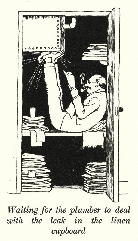 Venter på at rørleggeren skal ta seg av lekkasjen i linskapet (litho) av William Heath Robinson