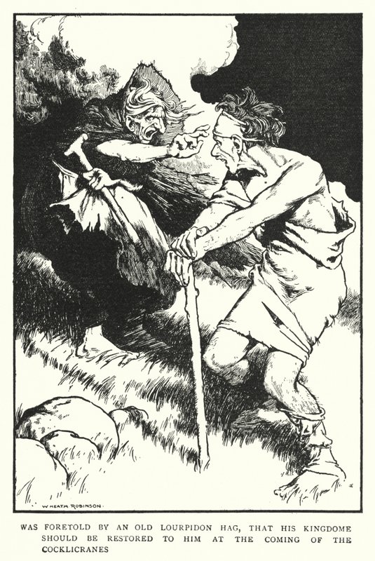 Ble forutsagt av en gammel Lourpidon-kjerring, at riket hans skulle gjenopprettes til ham ved ankomsten av Cocklicranes (litho) av William Heath Robinson