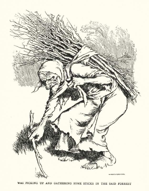Var å plukke opp og samle noen pinner i den nevnte skogen (litho) av William Heath Robinson