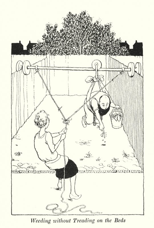 Luking uten å tråkke på sengene (litho) av William Heath Robinson