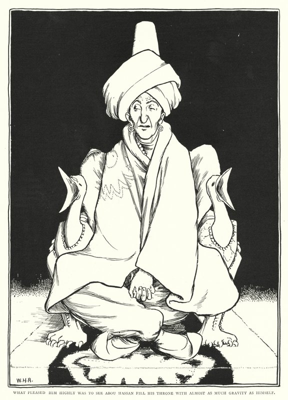 Det som gledet ham var å se Abou Hassan fylle tronen sin med nesten like mye gravitasjon som ham selv (gravering) av William Heath Robinson