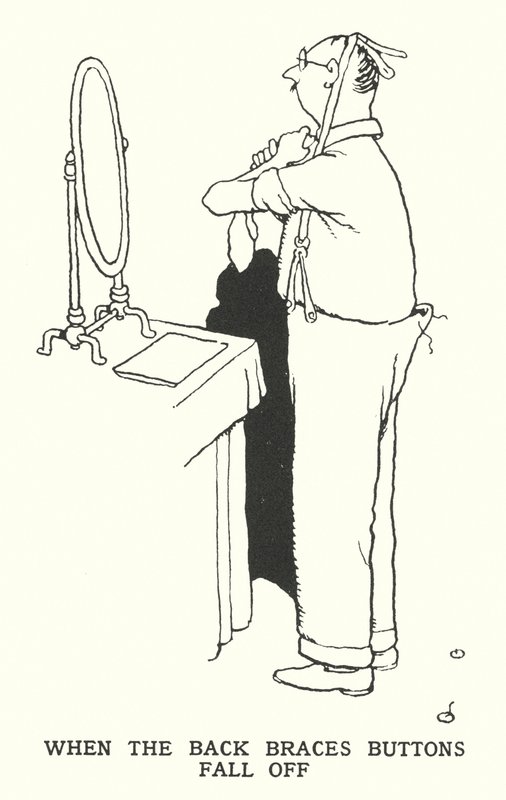Når knappene på bakre tannregulering faller av (litho) av William Heath Robinson