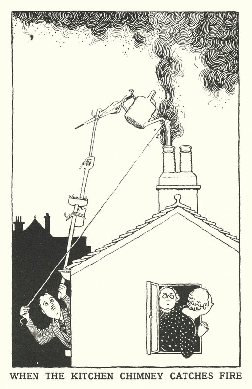 Når kjøkkenskorsteinen tar fyr (litho) av William Heath Robinson