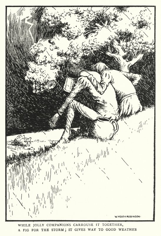 Mens glade følgesvenner bærer den sammen, en fiken for stormen, viker den for godt vær (litho) av William Heath Robinson
