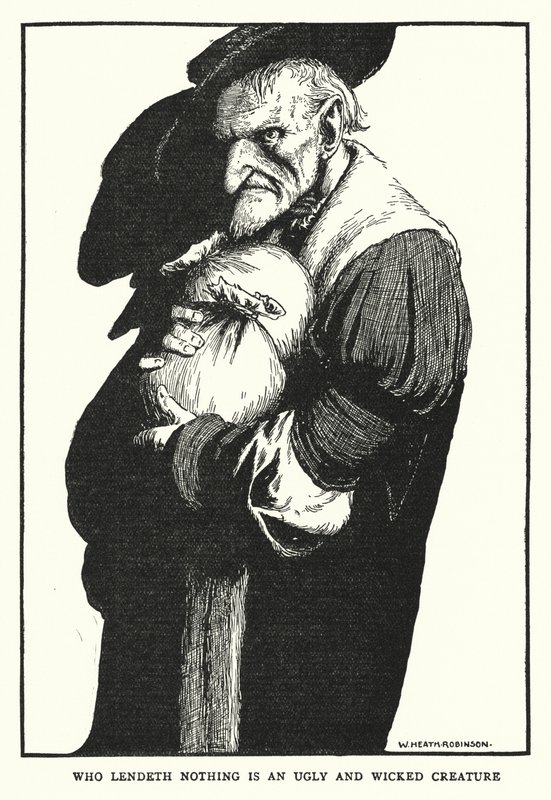 Den som ikke låner ut noe er en stygg og ond skapning (litho) av William Heath Robinson