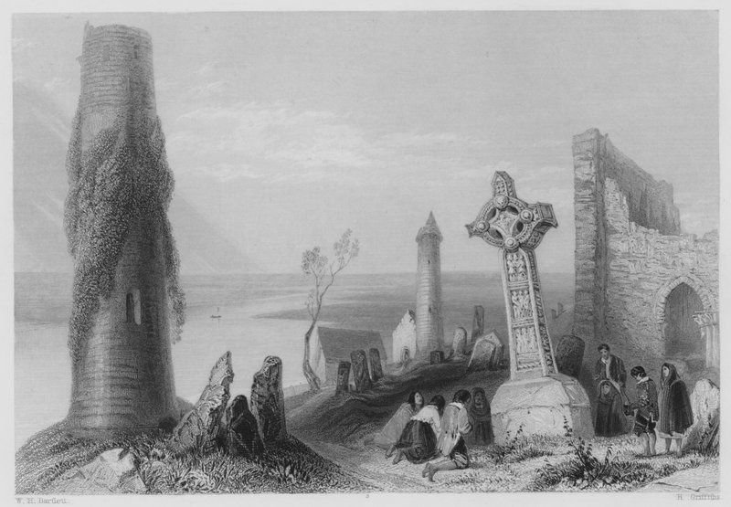 Ancient Cross, Clonmacnoise (gravering) av William Henry (after) Bartlett