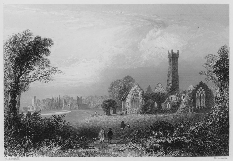 Augustinian Abbey, Adare, med Castle of the Fitzgeralds og Francescan Abbey (gravering) av William Henry (after) Bartlett